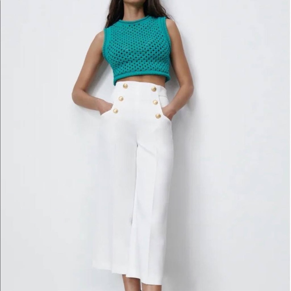ZARA White Buttoned Culottes Pants Cropped High waisted